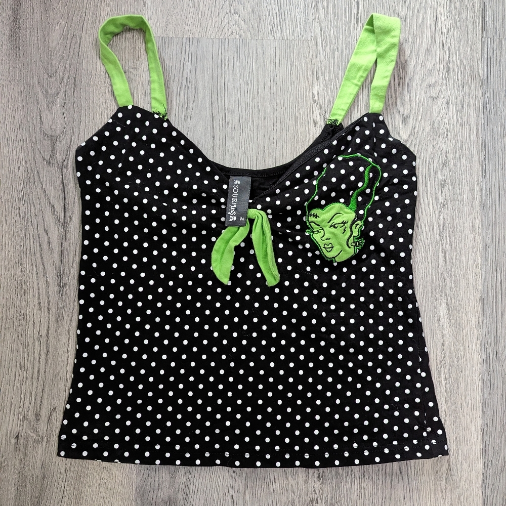 Sourpuss Bride of Frankenstein Polka Dot Tank Top Horror Pinup Goth Rockabilly M